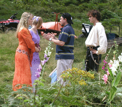 On the Ella Enchanted movie set -- Director Tommy O'Haver, Hugh Dancy (who plays Char), Lucy Punch, and Jennifer Higham